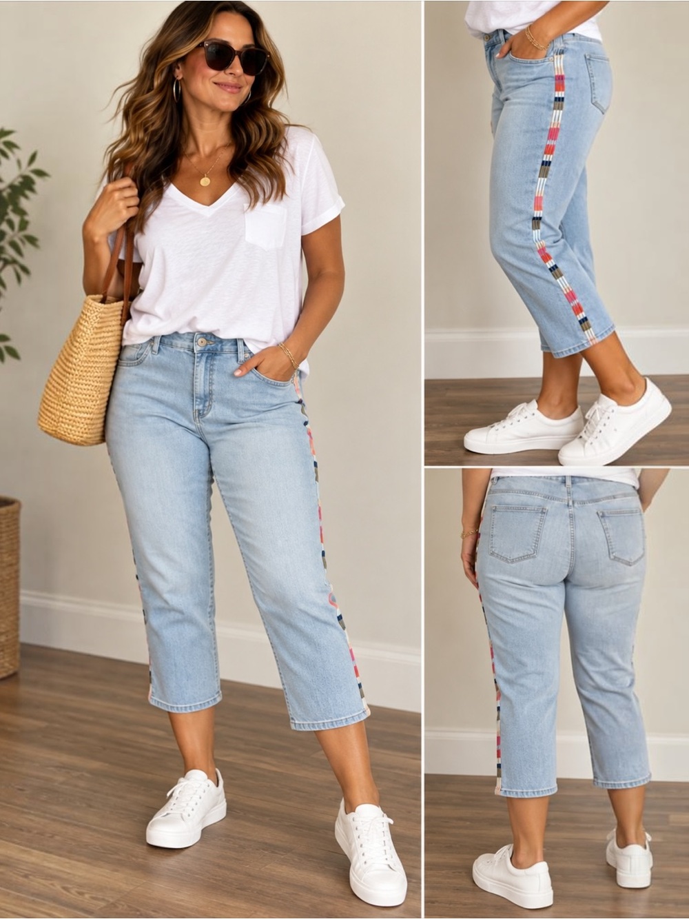 Style & Co Curvy Capri Jeans 18W Light Wash Embroidered Side Stripe Stretch